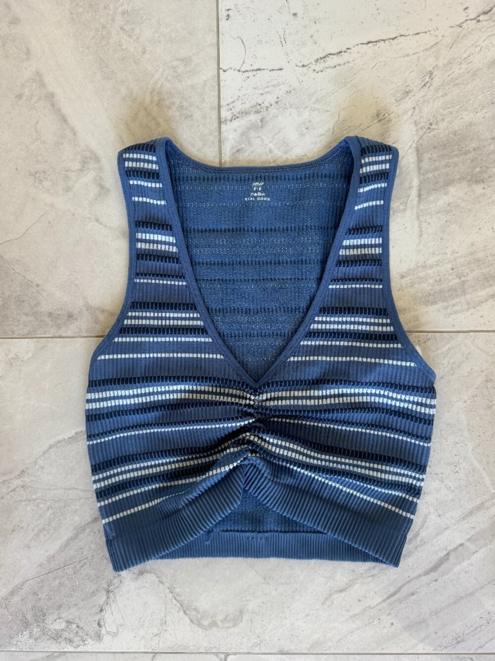 LIKE NEW Aerie Blue and White Striped Ruched Front Tank Sports Bra Crop Top